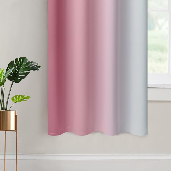 Yakamok 63 Inch Length Ombre Curtains, Thermal Insulated Grommet Window Drapes, Room Darkening Gradient Color Curtains for Girl's Bedroom (Pink and Greyish White, 52x63 Inch, Set of 2)