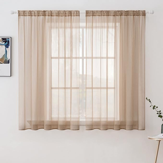 MIULEE 2 Panels Solid Color Sheer Window Curtains Elegant Window Voile Panels/Drapes/Treatment for Bedroom Living Room (54X63 Inches Brown)