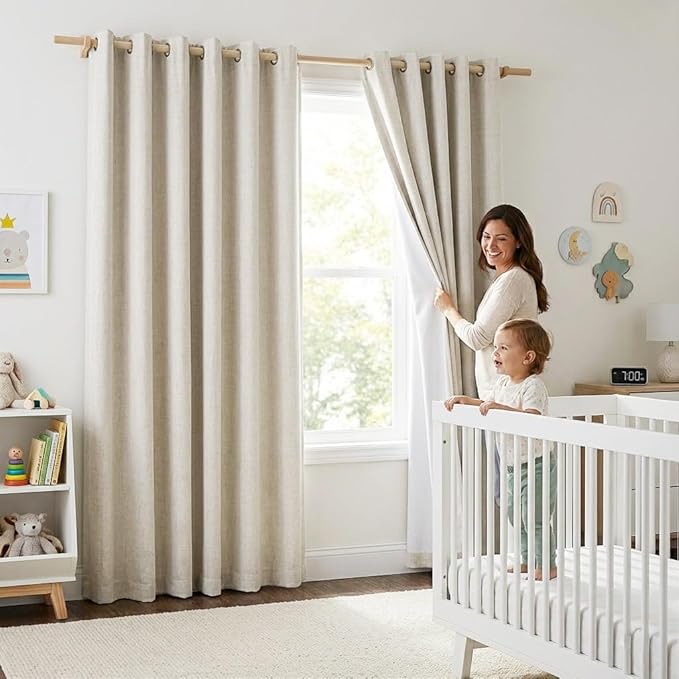 NICETOWN Natural Linen 100% Blackout Curtains 120 inches Length 2 Panels Set with Thermal Insulated Liners, 52" Width, Farmhouse Style Extra Long Window Draperies for Patio Sliding Glass Door