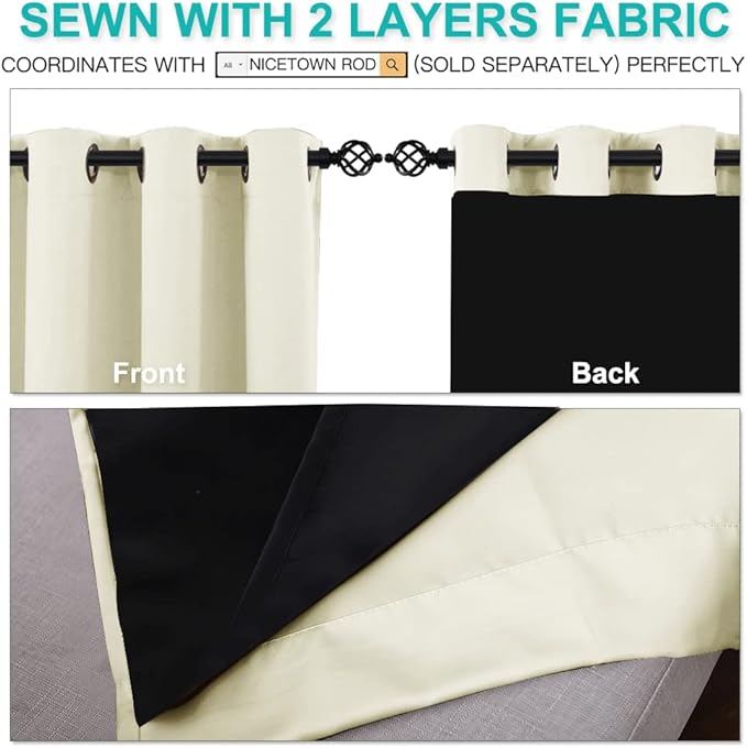 NICETOWN Living Room Completely Shaded Draperies, Privacy Protection & Noise Reducing Ring Top Drapes, Black Lined Insulated Window Treatment Curtain Panels (Beige, 2 Pieces, W70 x L95)