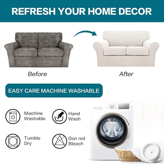 Turquoize 3 Piece Sofa Covers For 2 Cushion Couch Sofa Slipcover Soft Couch Cover For Dogs-Washable Sofa Furniture Covers With 2 Individual Cushion Covers, Feature Thick Fabric (2 Cushion Sofa, Ivory)
