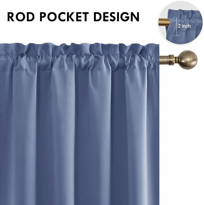 DWCN Blackout Curtains for Living Room Thermal Insulated, Energy Saving & Noise Reducing Bedroom Curtains, Dusty Blue, W 70x L 63 Inch, Set of 2 Rod Pocket Curtain Panels