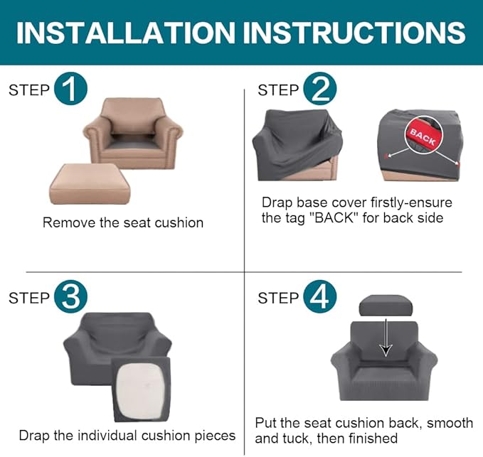 Turquoize 2 Piece Chair Covers Chair Slipcovers for Living Room Armchair Couch Cover Chair Sofa Cover with Individual Cushion Covers Furniture Cover for Chairs Feature Jacquard Fabric (Chair, Gray)