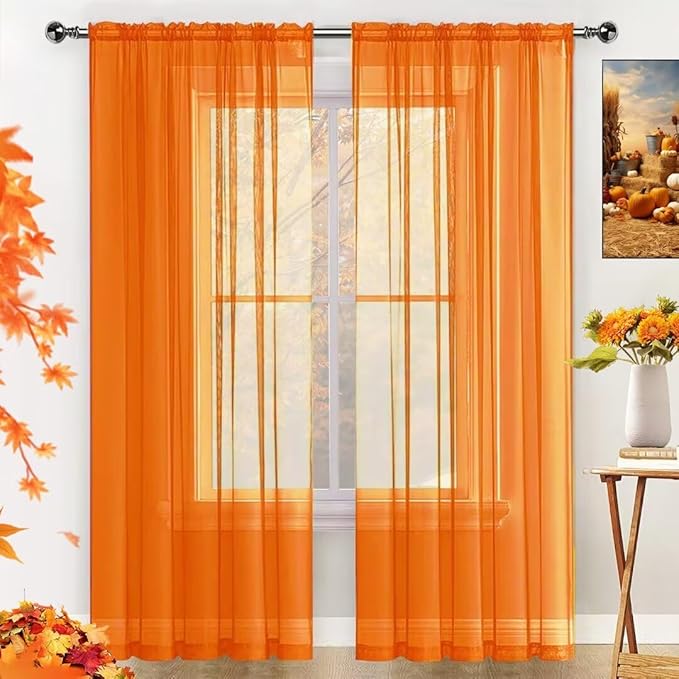 SpaceDresser Basic Rod Pocket Sheer Voile Window Curtain Panels White 1 Pair 2 Panels 38 Width 63 Inch Long for Kitchen Bedroom Children Living Room Yard(Orange,38 W x 63 L)