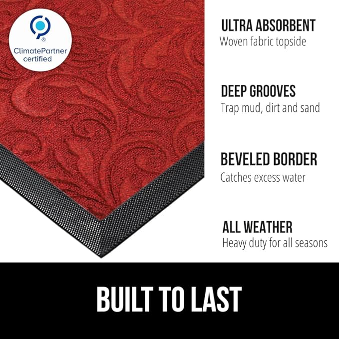 GORILLA GRIP 100% Waterproof All-Season WeatherMAX Doormat 35x23, US Designed Natural Rubber, Stain and Fade Resistant, Low Profile Indoor Outdoor Door Mats, Easy Clean Patio Mat, Red Vintage Wine