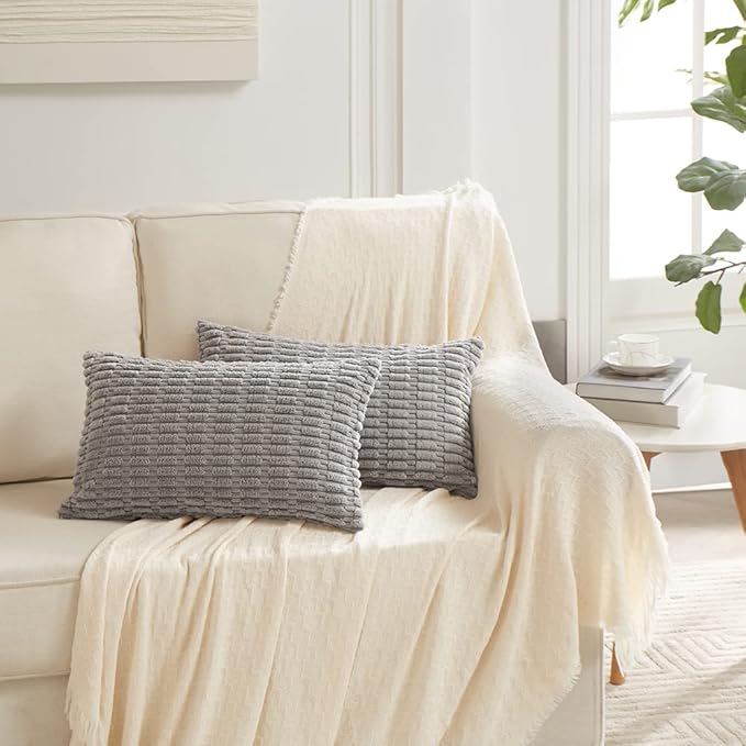 Fancy Homi 4 Packs Grey Decorative Throw Pillow Covers 12x24 Inch for Living Room Couch Bed, Rustic Modern Farmhouse Boho Home Decor, Soft Plush Corduroy Gray Cute Square Accent Cushion Case 30x60 cm