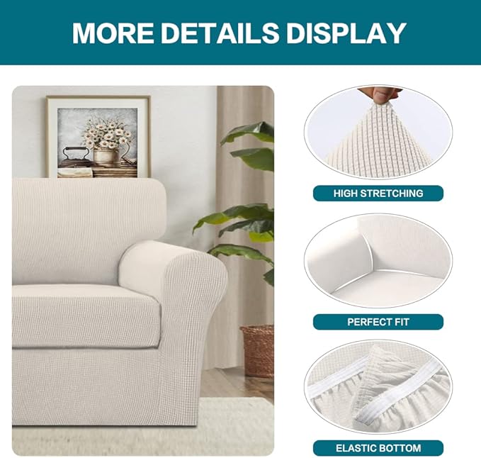 Turquoize 2 Piece Chair Covers for Living Room Armchair Couch Cover with Individual Cushion Covers Furniture Cover for Chairs Feature Jacquard Fabric (Chair, Ivory)