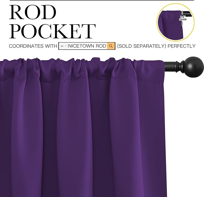 NICETOWN Blackout Curtains for Living Curtains, Triple Weave Home Decoration Thermal Insulated Solid Blackout Curtains & Drapes for Nursery (Set of 2, 34-inch x 72-inch, Royal Purple)
