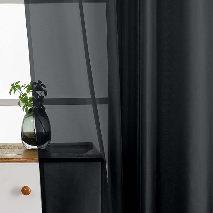 Black Valances for Windows 14 inch Length 2 Panels Set, Small Voile Sheer Curtains for Bathroom, Soft Fabric Lightweight Light Filtering Kitchen Curtains, Dual Rod Pocket, 2x42Wx14L Inches