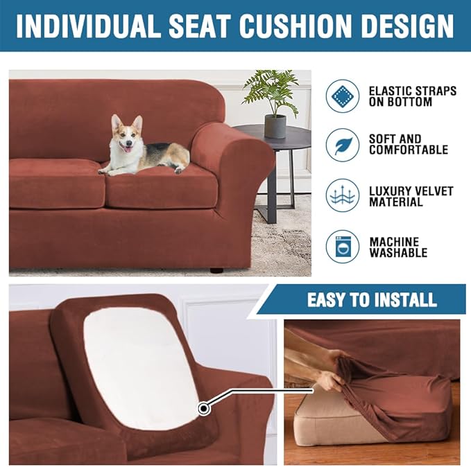 H.VERSAILTEX Modern Velvet Plush 4 Piece High Stretch Sofa Slipcover Cover Furniture Protector Form Fit Luxury Thick Velvet Extra Large Sofa Cover for 3 Cushion Couch (XL Sofa, Rust)