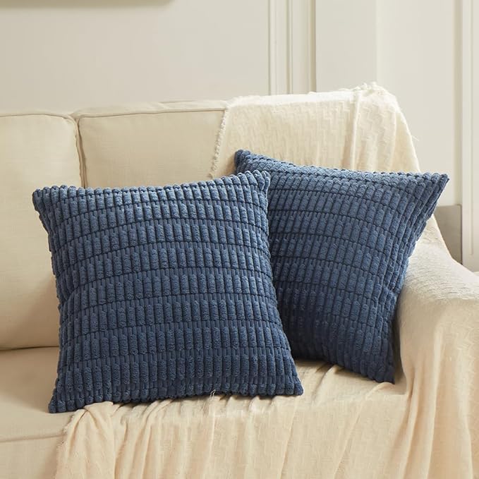 Fancy Homi 4 Packs Dusty Blue Decorative Throw Pillow Covers 20x20 Inch for Living Room Couch Bed Sofa, Rustic Farmhouse Boho Home Decor, Soft Plush Striped Corduroy Square Cushion Case 50x50 cm
