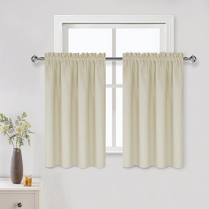 DWCN Light Beige Short Room Darkening Curtains for Kitchen/Bedroom, 42 x 36 inches Long - Energy Saving Window Drapes for Nursery with Rod Pocket, Set of 2 Panels