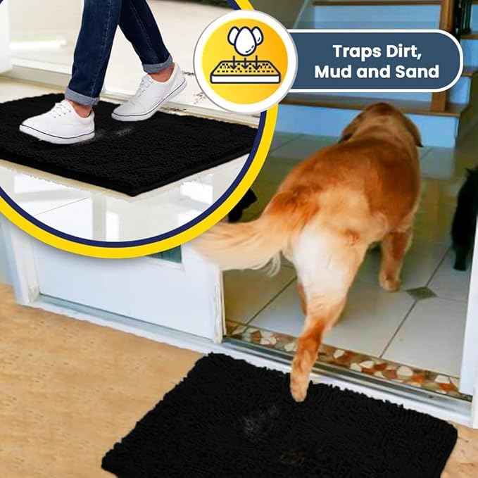 Muddy Mat® | Super Absorbent Door Mat Indoor, Microfiber Quick Dry Chenille Entryway Rug, Non-Slip Front Door Mat, Indoor Mats for Entryway, Machine Washable Pet Rug, Black 16"x24"