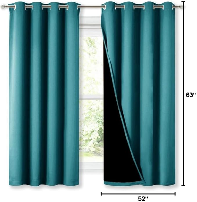 NICETOWN 100% Blackout Curtains with Black Liner, Thermal Insulated Full Blackout 2-Layer Lined Drapes, Energy Efficiency Window Draperies for Bedroom (Peacock Teal, 2 Panels, 52-inch W by 63-inch L)