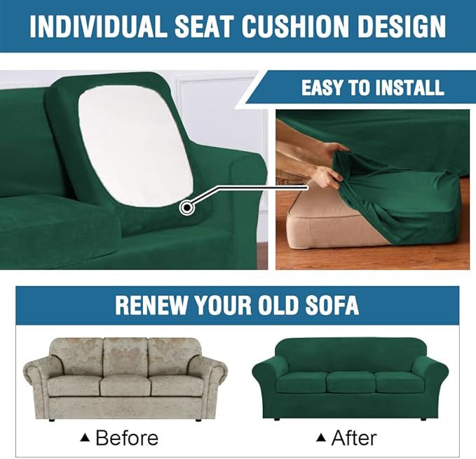 H.VERSAILTEX Modern Velvet Plush 4 Piece High Stretch Sofa Slipcover Furniture Protector Form Fit Velvet Extra Large Sofa Cover for 3 Cushion Couch Width Up to 105 Inch(XL Sofa, Vintage Green)