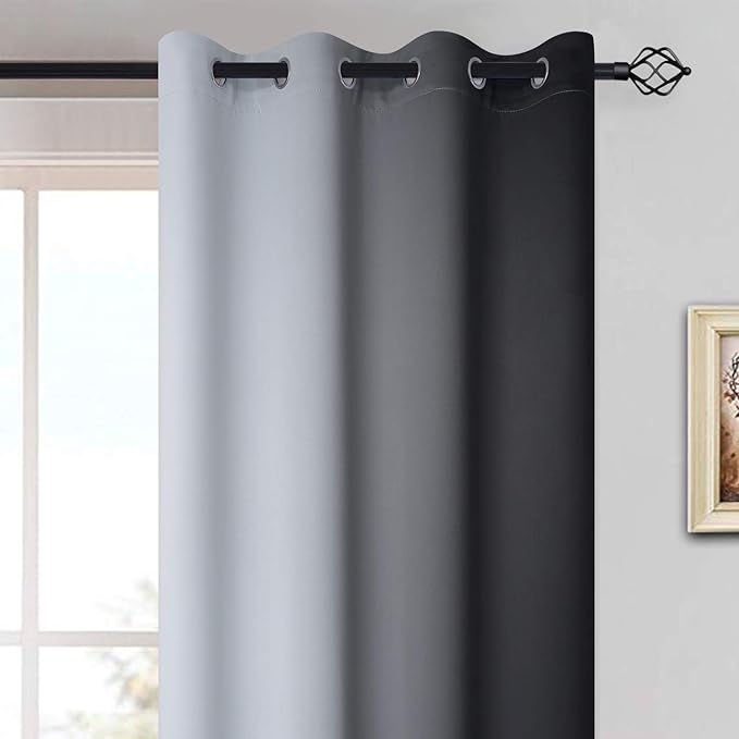 Yakamok Light Blocking Ombre Curtains, Greyish White and Black Gradient Color Curtains, Room Darkening Grommet Window Drapes for Bedroom(Black, 52x90 Inch, 2 Panels)