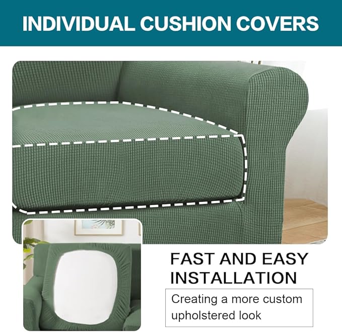 Turquoize 2 Piece Chair Covers Armchair Slipcovers for Living Room Armchair Sofa Cover with Individual Cushion Covers Feature Jacquard Fabric (Chair, Loden Frost)