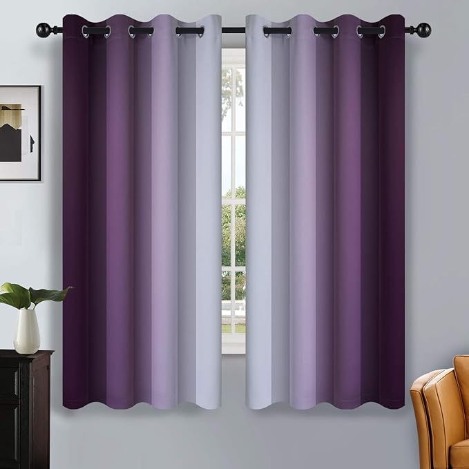 SimpleHome Ombre Room Darkening Curtains for Bedroom, Light Blocking Gradient Purple to Grey White Thermal Insulated Grommet Blackout Window Curtains Drapes for Kids, 2 Panels, 52x63 inches Length