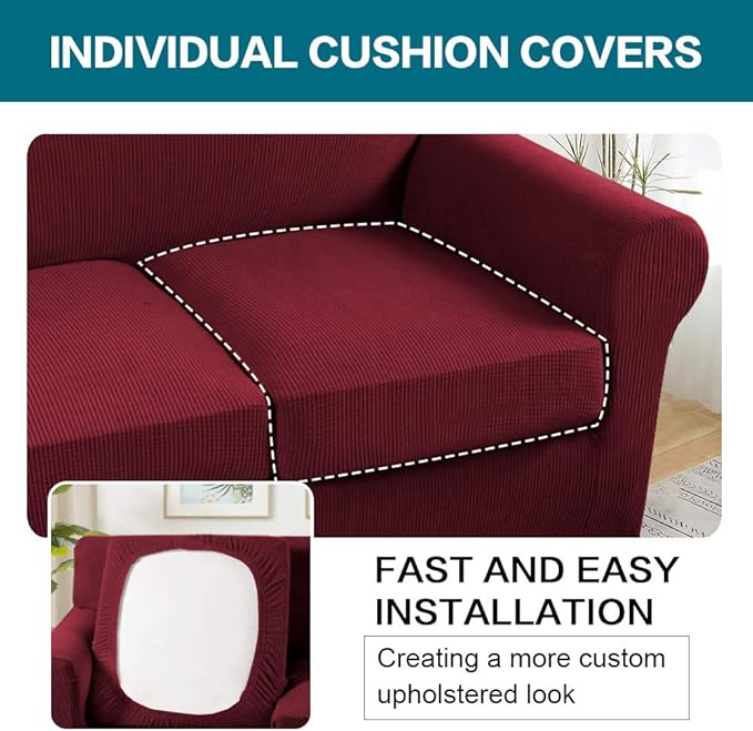 Turquoize 4 Piece Sofa Covers for 3 Cushion Couch Sofa Slipcover Soft Couch Cover for Dogs-Washable Sofa Furniture Covers with 3 Individual Cushion Covers,Jacquard Fabric(3 Cushion Sofa, Burgundy)