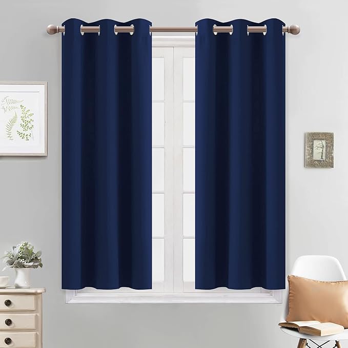 Yakamok Thermal Insulated Grommet Blackout Curtains for Bedroom, 45 Inch Length Light Blocking Blackout Drapes for Living Room, Navy Blue, 38W x 45L, 2 Panels