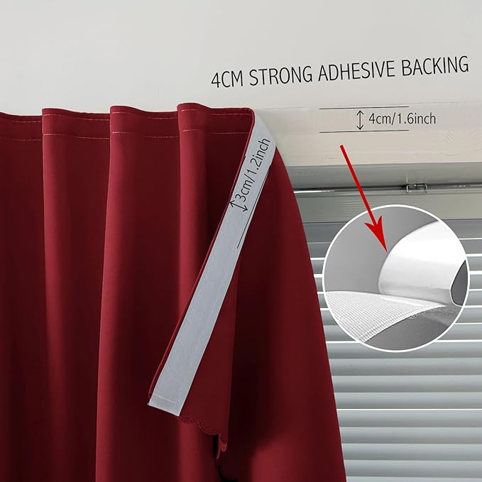 Self Adhesive Curtains, Stick Curtain Blackout Shades Window Cover Curtains for Living Room No Drilling, 47" W X 79" L, Burgundy, 1 Panel
