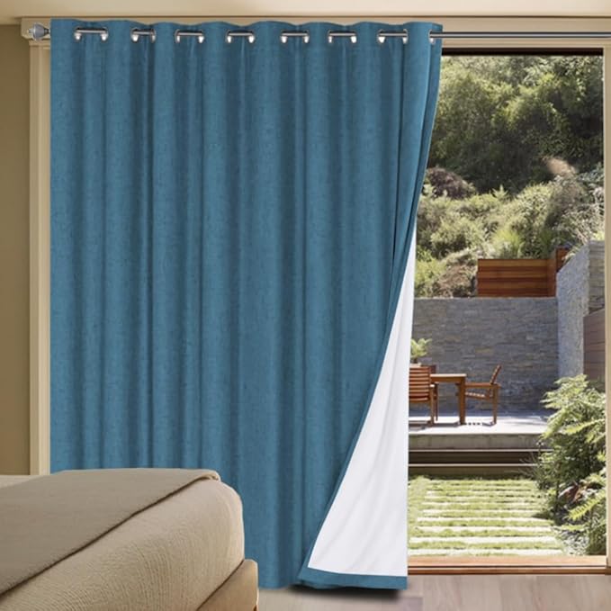H.VERSAILTEX Linen Blackout Curtains Durable Thick Textured Linen Look 100% Blackout Patio Door Curtain Anti Rust Grommet Extra Wide Sliding Door Curtain Panel, Blue Sapphire, W100 x L84 inch