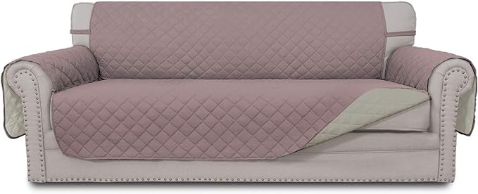 Easy-Going 4 Seater Sofa Slipcover Reversible Sofa Cover Water Resistant Couch Cover with Foam Sticks Elastic Straps Furniture Protector for Pets Children Dog Cat (XX-Large, Pink/Beige)