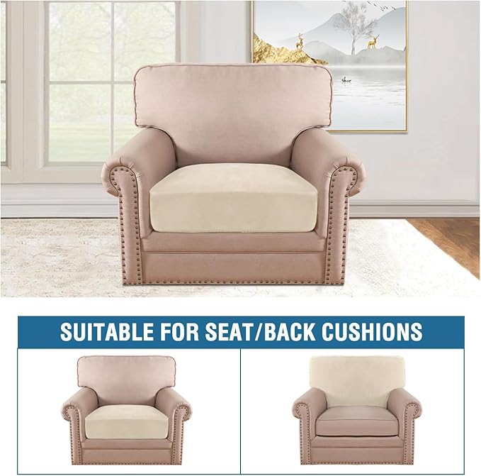 H.VERSAILTEX Velvet Stretch Couch Cushion Cover Plush Cushion Slipcover for Chair Cushion Furniture Protector Seat Cushion Sofa Cover (1 Piece Armchair Cushion Covers, Cream)