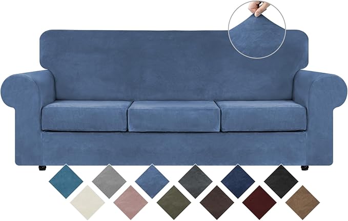 WEERRW Velvet Plush Fabric 4 Pieces Sofa Covers for 3 Cushion Couch with Elastic Bottom Straps in Light Blue