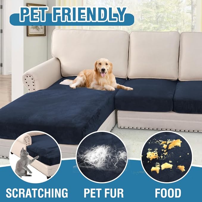 H.VERSAILTEX Velvet Stretch Sectional Couch Covers 4 Pieces Sofa Seat Cushion Covers L Shape Separate Cushion Couch Chaise Cover for Both Left/Right Couch (Large Sofa 3 Seater + 1 Chaise, Navy)