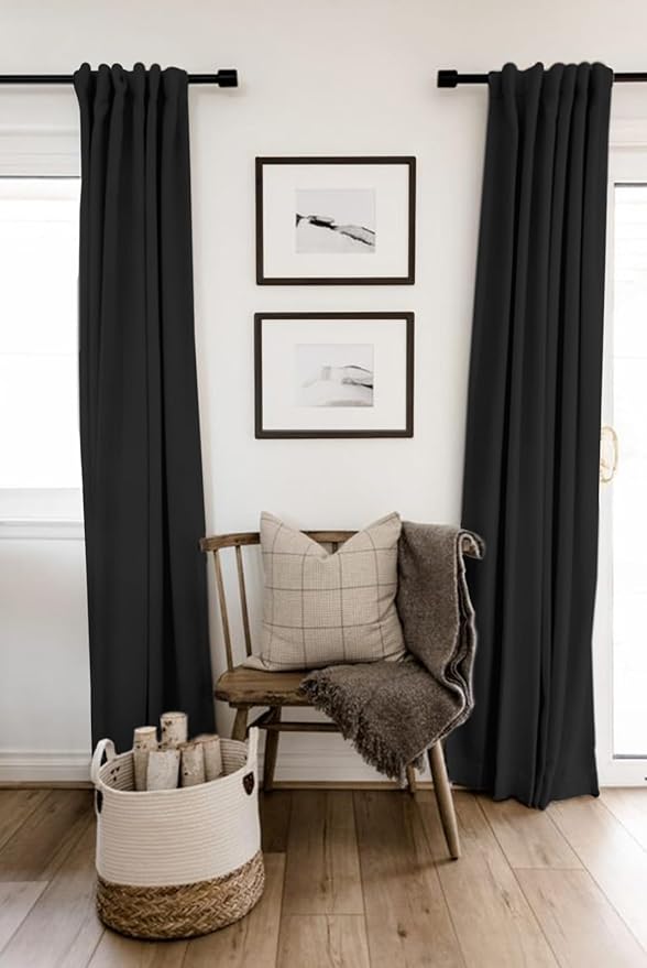 100% Blackout Shield Linen Blackout Curtains for Bedroom 102 Inches Long, Back Tab/Rod Pocket Living Room Drapes, Thermal Insulated Blackout Curtains 2 Panels Set, 50" W x 102" L, Black