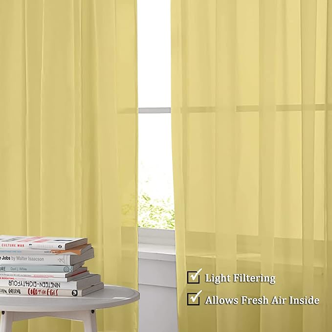 OWENIE Gold Sheer Curtains 96 Inch Length 2 Panels Set, Elegant Sheer Curtains for Bedroom, Window Voile Sheer Curtain Panels/Drapes/Treatment for Living Room, 2Pcs, Total 84“ Wide