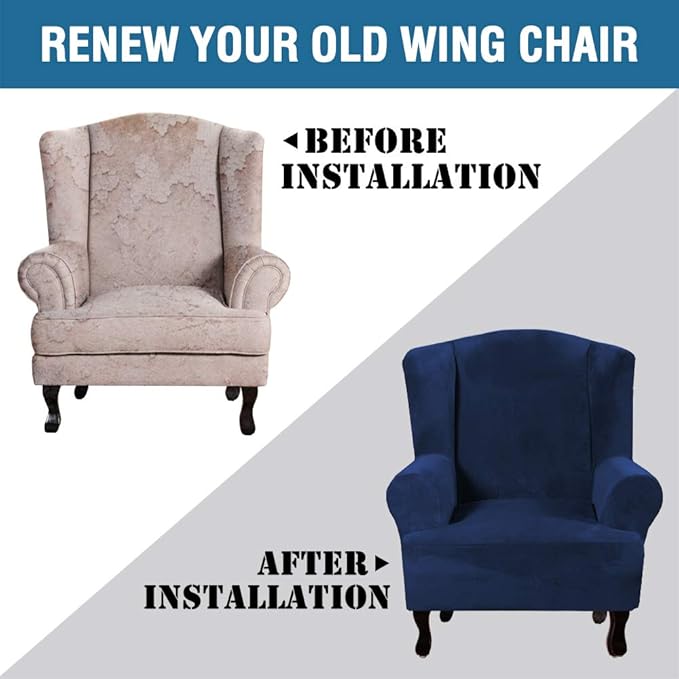 H.VERSAILTEX Wingback Chair Covers Velvet Plush Wing Chair Slipcover 1 Piece High Stretch Wing Back Chair Slipcovers Sofa Cover Furniture Cover with Elastic Bottom, Navy