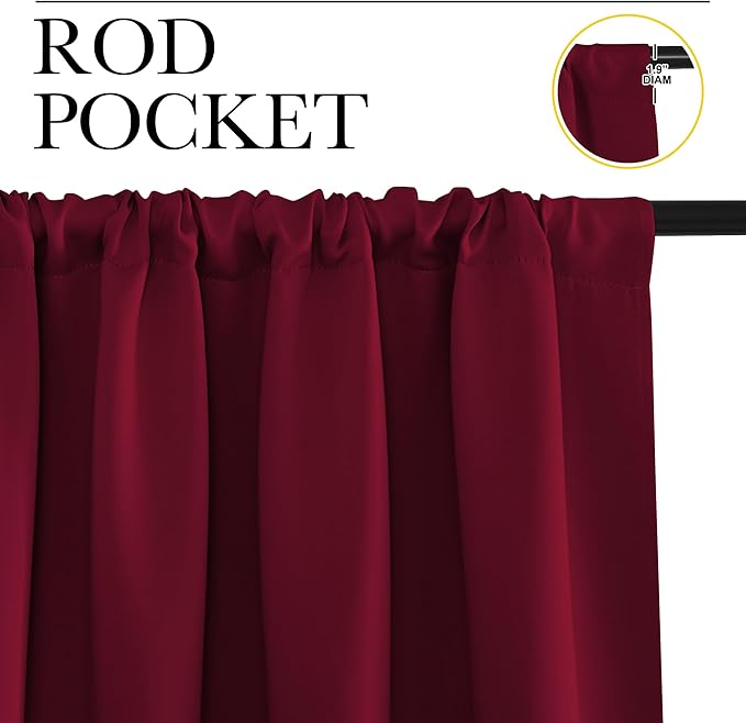 NICETOWN Wine Red Blackout Curtains 63 inches Long for Living Room, Darkening Window Curtain Panels, Easy-Care Solid Thermal Insulated Draperies/Drapes for Daughter Room