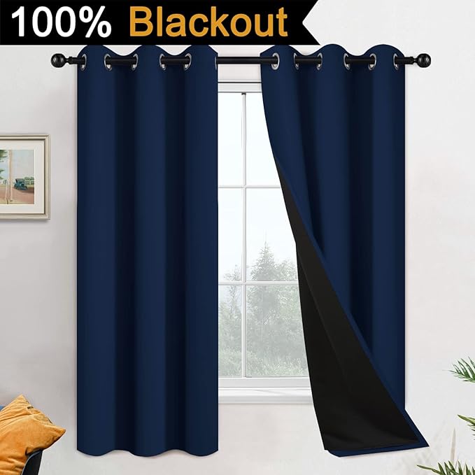 Yakamok 100% Blackout Lined Pair Curtains for Bedroom, Window Treatment Thermal Insulated Soundproof Drapes for Living Room(42Wx63L,Navy Blue, 2 Panels)