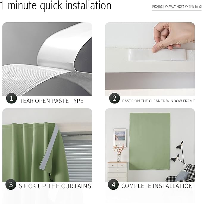 Magic Tape Blackout Curtains for Bedroom No Drillng Self Adhesive Curtains No Rod Small Window, 35" W X 59" L, Sage Green, 1 Panel