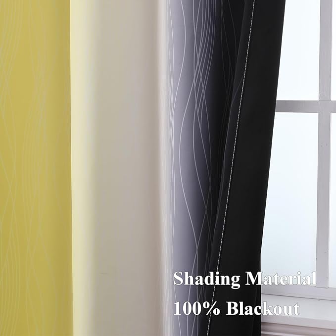 Estelar Textiler Yellow and Black Ombre Blackout Curtains for Bedroom, Full Room Darkening Grommet Curtains for Living Room, Thermal Insulated Light Blocking Gradient Drapes, 52Wx63L,2 Panels