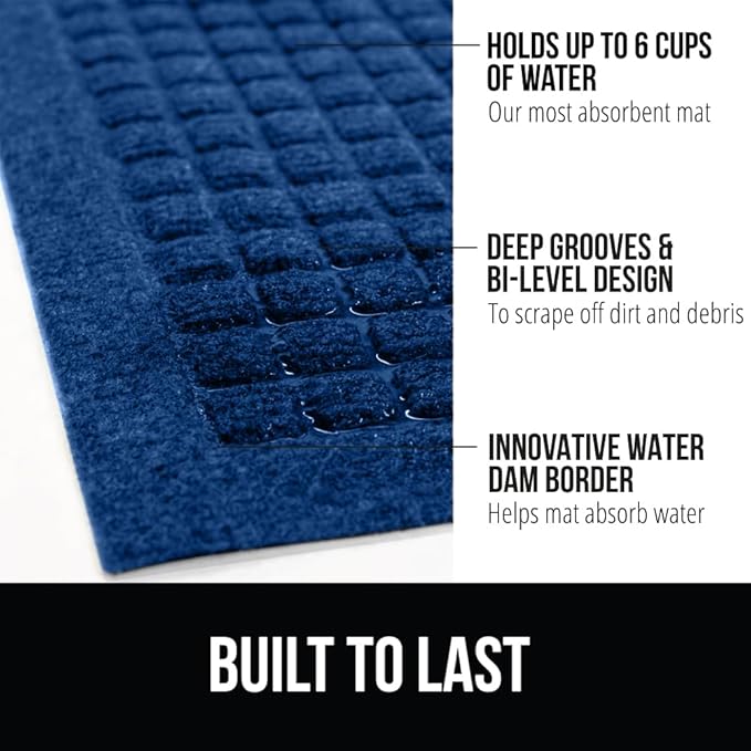 GORILLA GRIP® Ultra Absorbent Front Door Mat Outside Entrance, 47x35, Traps Dirt and Moisture, HydroABSORB Indoor Outdoor Doormat Holds Up to 6 Cups Water, Stain and Fade Resistant Welcome Mat, Blue