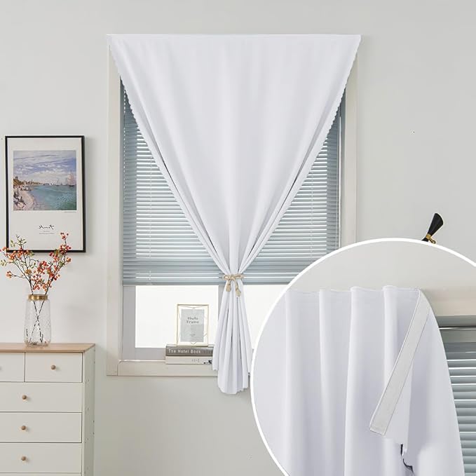 self Adhesive Curtains Portable Blackout Curtain Simple and Easy to Install Bedroom Window Thermal Lnsulated Kitchen Room Darkening Black Small Drapes, 59" W X 84" L, White, 1 Panel