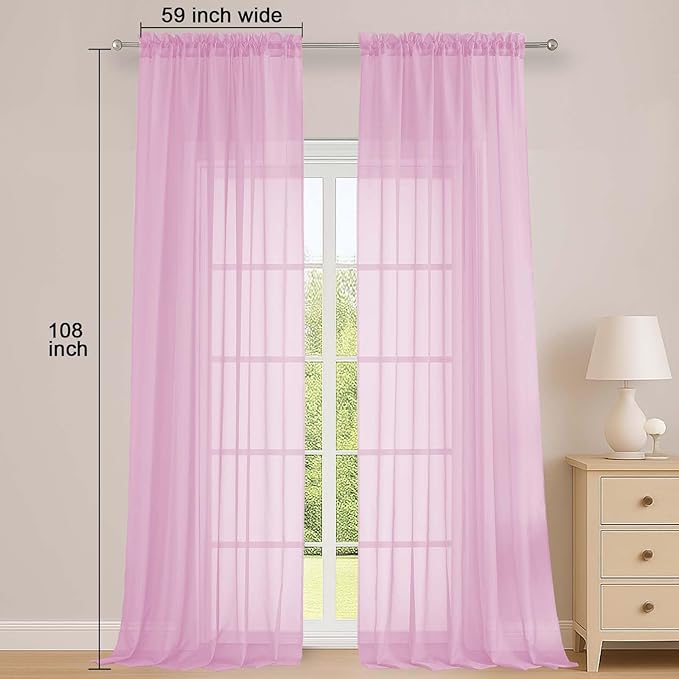 OWENIE Sheer Pink Curtains 108 Inches Long for Living Room Bedroom 2 Panels Set, Lightweight Airy Pink Sheer Curtain, Filmy Voile Rod Pocket, 2 PCS, Each 59" W x 108" L