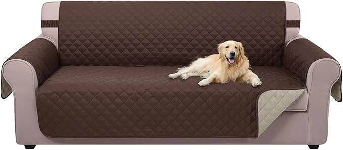 U-NICE HOME 4 Seater Sofa Cover 91 Inch Large Couch Covers for 4 Cushion Couch with Elastic Straps Water Resistant Furniture Protector Cover for Pets Cat (Sofa XX-Large, Coffee/Beige)