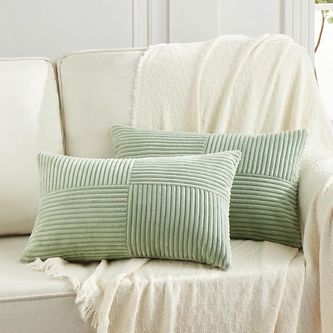 Fancy Homi 2 Packs Sage Green Lumbar Decorative Throw Pillow Covers 14x22 Inch for Living Room Couch Bed, Rustic Farmhouse Boho Home Decor, Soft Striped Corduroy Rectangle Accent Cushion Case 35x55 cm