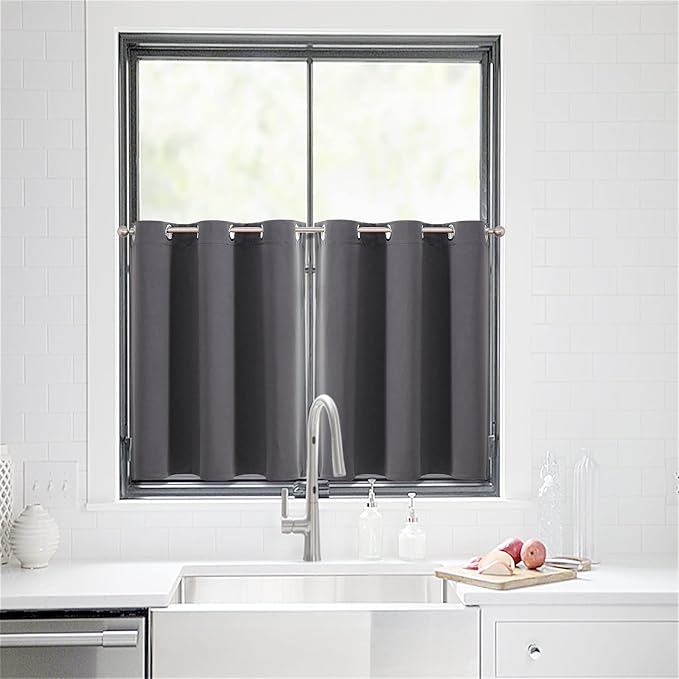 ChrisDowa Small Window Curtains for Kitchen and Bedroom - Grommet Short Thermal Insulated Room Darkening Curtains (2 Panels, Dark Grey, 36 x 24 Inch)