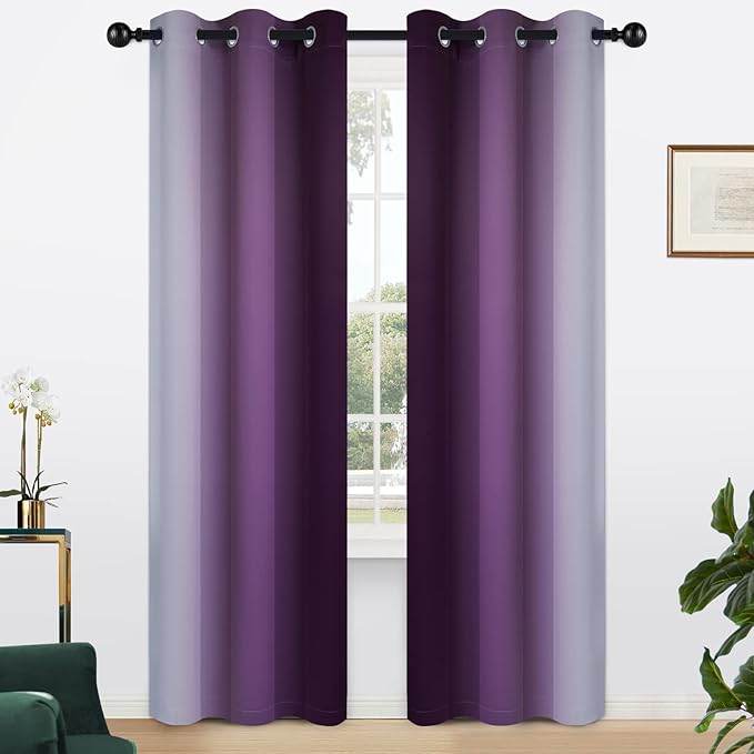 Yakamok Light Blocking Ombre Curtains, Greyish White and Purple Gradient Color Curtains, Room Darkening Grommet Window Drapes for Bedroom(Purple, 42x84 Inch, 2 Panels)