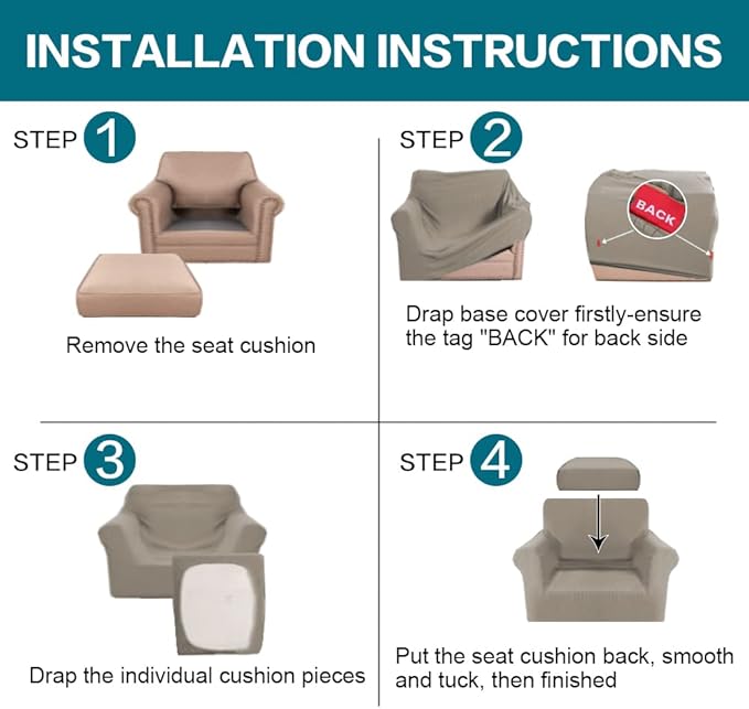 Turquoize 2 Piece Chair Covers Chair Slipcovers for Living Room Armchair Couch Cover Chair Sofa Cover with Individual Cushion Covers Furniture Cover for Chairs Feature Thick Fabric (Chair, Taupe)