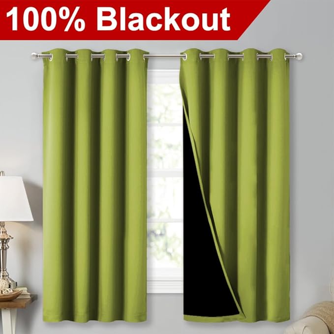 NICETOWN 100% Blackout Curtains 54 inches Long, Fresh Green, 1 Pair, 52 inches Width Each Panel, Double-Deck Completely Blackout Window Treatment Thermal Insulated Lined Drapes for Small Window