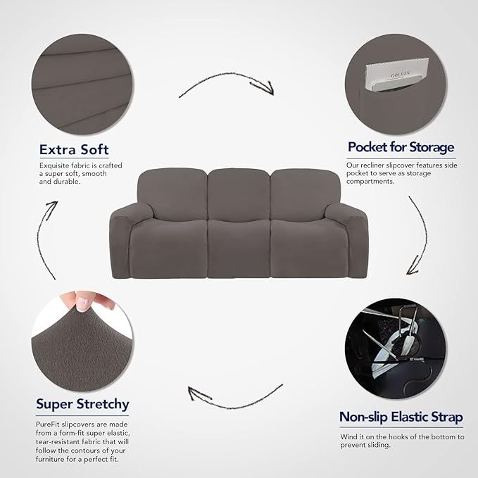 PureFit Super Stretch 3 Seats Recliner Sofa Couch Cover with Pocket-Non Slip Soft Sofa Slipcover, Washable Spandex Reclining Furniture Protector for Kids, Pets (Large, Taupe)