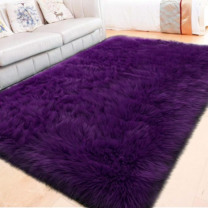 LOCHAS Soft Fluffy Faux Fur Rugs for Bedroom Bedside Rug 4x6, Washable Furry Area Rug Carpet for Living Room Dorm Floor, Durable Faux Throw Carpets, Purple