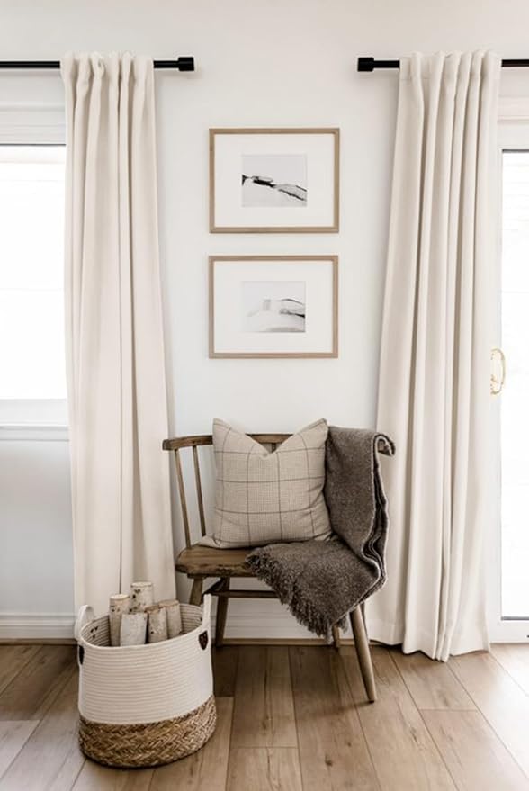 100% Blackout Shield Linen Blackout Curtains for Bedroom 90 Inches Long, Back Tab/Rod Pocket Living Room Drapes, Thermal Insulated Blackout Curtains 2 Panels Set, 50" W x 90" L, Beige White