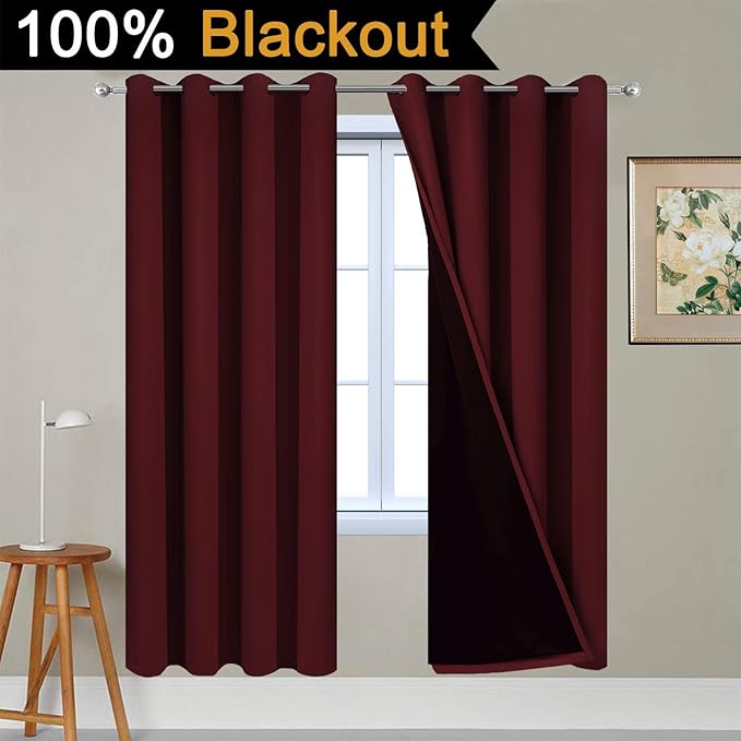 Yakamok 100% Blackout Curtains 72 Inches Long, 2 Thick Layers Completely Blackout Window Treatment Thermal Insulated Lined Drapes for Bedroom(Burgundy Red, 52" Width Each Panel, 2 Panels)